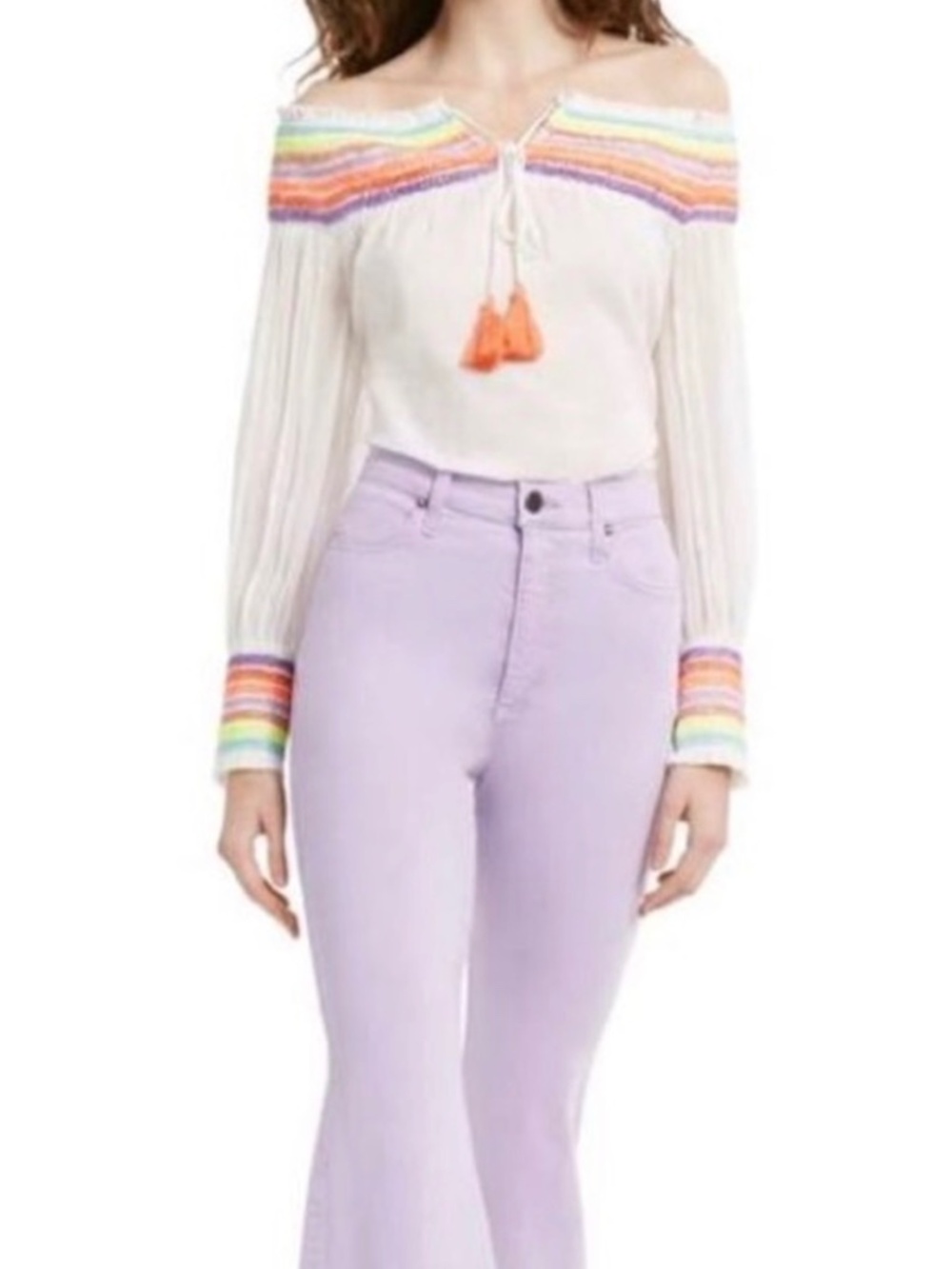 Alice + Olivia Sharyl Off-The-Shoulder Smocked Peasant Blouse White Rainbow L